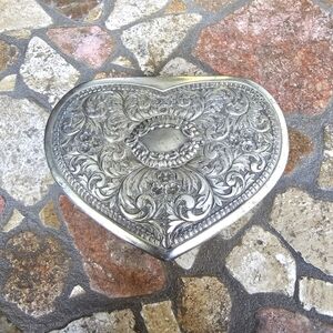 Vintage Ornate Silver Tone Heart Trinket Box with Four Feet